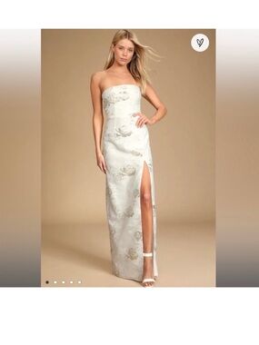Lulu's Strapless Ivory Floral Jacquard Gown with Gold Accents and Side Slit
